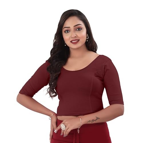 DESI GIRL - Round Neck Cotton Lycra Regular Fit Saree Blouse for Women | Bracelet - 3/4 Sleeve Readymade Stretchy Embroidered Design Festive Blouse Perfect for Saree, Lehenga, Kurti | Brick - 44 - Image 1