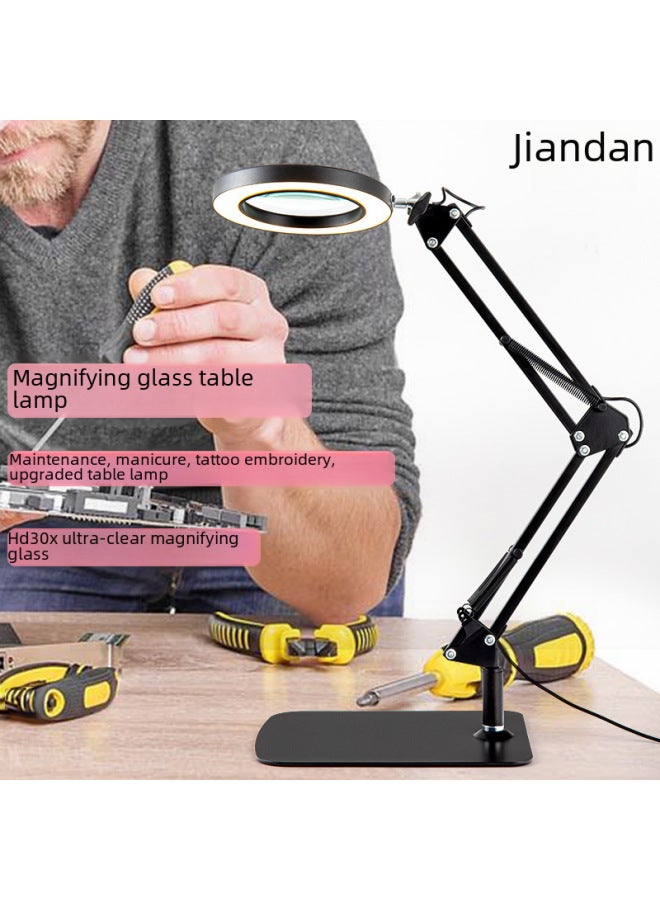 Hd30x Desktop Nail Art Embroidery Reading Watch Repair Electronic Welding Inspection Special Magnifying Glass Lamp-Color:Black Round Base + Magnifying Glass + Three-color 10-speed Dimming - Image 2