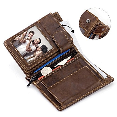 HAWEE Trifold Billfold RFID Blocking Cowhide Leather Wallet for Men 10 Card Slots 2 ID Windows with Coin Pocket, Coffee - Image 4