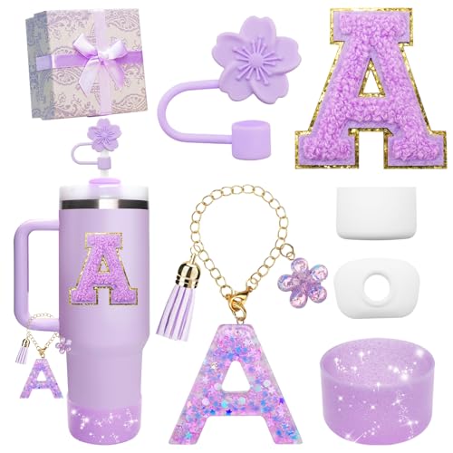 Miglaja Purple Accessories for Stanley Cup 30OZ 40OZ, All Accessories Gift Box Contain Flower Straw Topper, Sillicone Boot, Letter Stickers and Pendants,Spill Stopper Set (Purple A) - Image 1