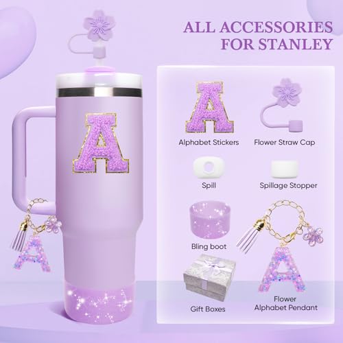 Miglaja Purple Accessories for Stanley Cup 30OZ 40OZ, All Accessories Gift Box Contain Flower Straw Topper, Sillicone Boot, Letter Stickers and Pendants,Spill Stopper Set (Purple A) - Image 2