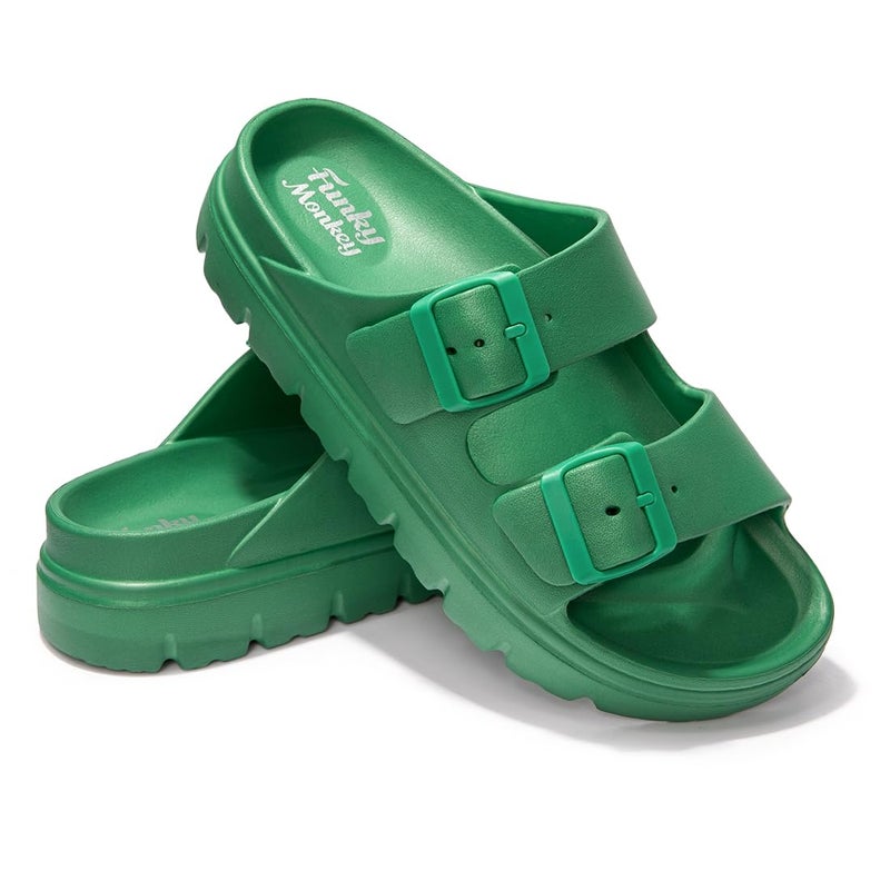 FUNKYMONKEY EVA Slides for Women Thick-sole Adjustable Double Buckle Waterproof Platform Sandals (7 M US, Green/HDSPK) - Image 5