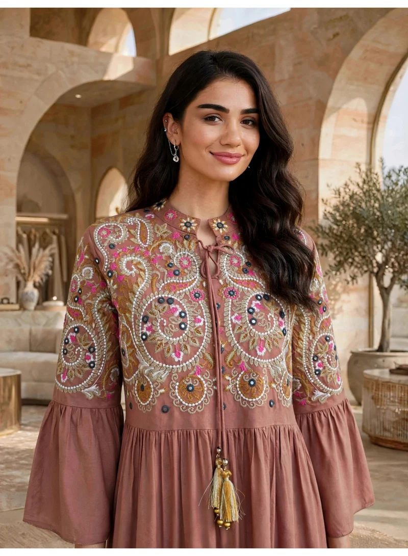 Ikkxa Tiered Boho Embroidered Midi Dress Jalabiya IK1915Peach