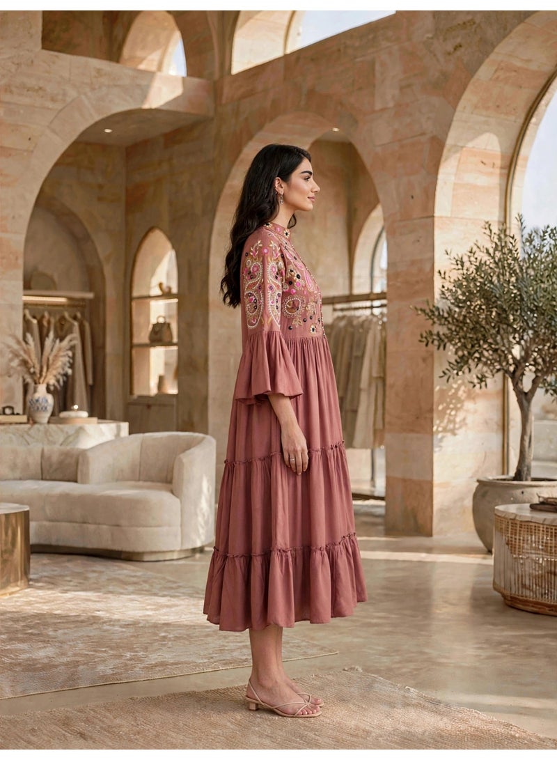 IKKXA Tiered Boho Embroidered Midi Dress Jalabiya IK1915Peach - Image 3