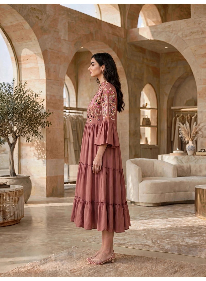 IKKXA Tiered Boho Embroidered Midi Dress Jalabiya IK1915Peach - Image 4