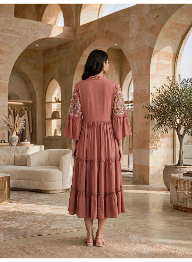 IKKXA Tiered Boho Embroidered Midi Dress Jalabiya IK1915Peach - Image 5