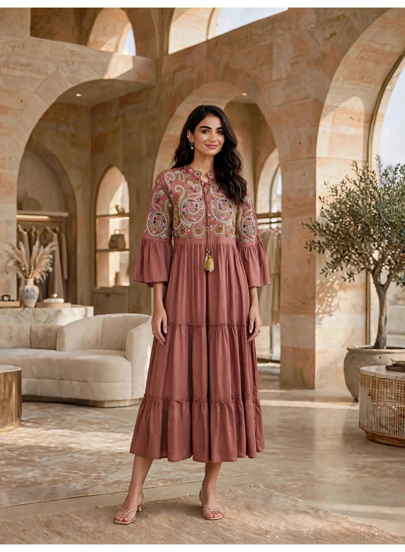 IKKXA Tiered Boho Embroidered Midi Dress Jalabiya IK1915Peach - Image 1