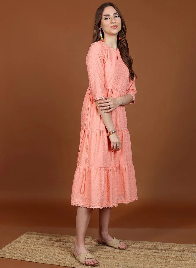 Ketch Ketch Embroidery Detail Keyhole Neck A-Line Midi Dress