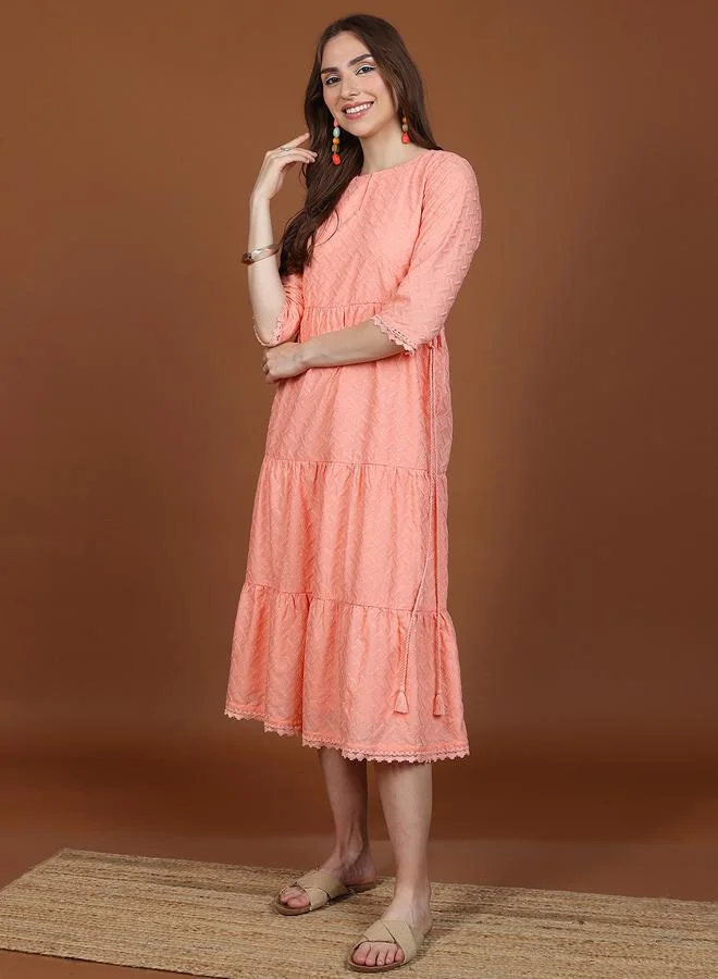 Ketch Ketch Embroidery Detail Keyhole Neck A-Line Midi Dress