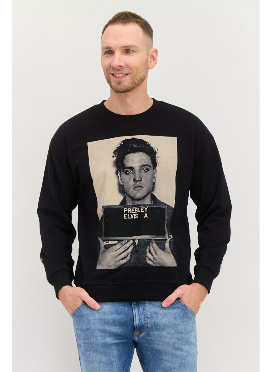ELVIS Men Crew Neck Graphic Printed Long Sleeves Sweatshirt, Black  - Image 1