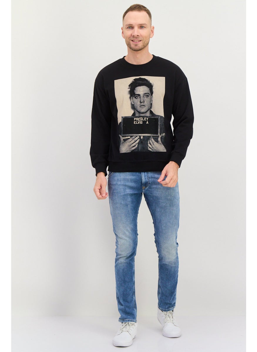 ELVIS Men Crew Neck Graphic Printed Long Sleeves Sweatshirt, Black  - Image 3