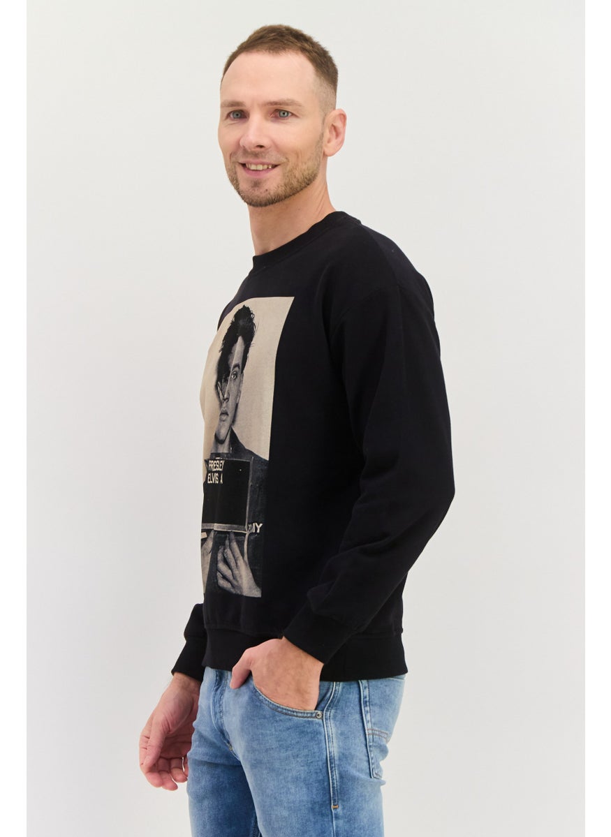 ELVIS Men Crew Neck Graphic Printed Long Sleeves Sweatshirt, Black  - Image 4