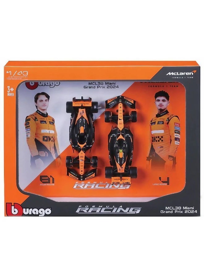Bburago سيارات بيبراغو ريسينغ F1 جائزة ميامي الكبرى 2024 ماكلارين MCL38 #4 لاندو نوريس و #81 أوسكار بياستري مجموعة 2-باك (1:43) - Image 1