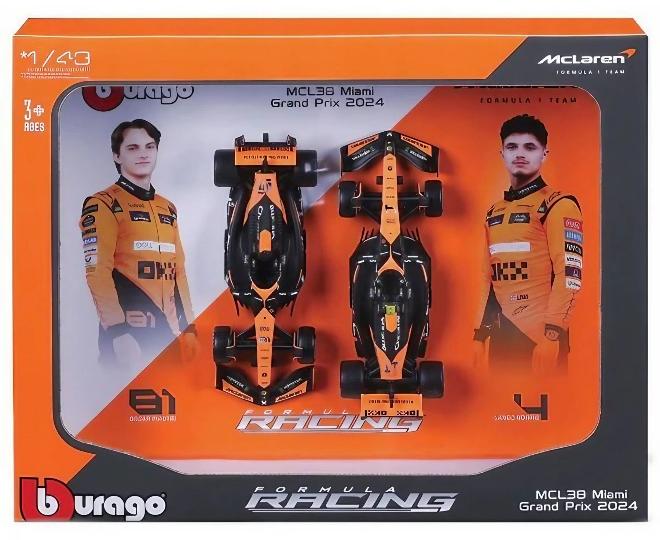 Bburago Racing F1 Miami Grand Prix 2024 McLaren MCL38 #4 Lando Norris & #81 Oscar Piastri Die-Cast Cars 2-Pack Set (1:43) - Image 1