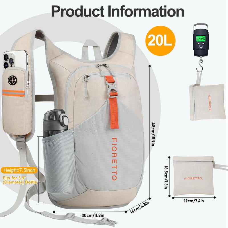 FIORETTO 20L Hiking Backpack for Women Men Mini Packable Backpack Lightweight Small Daypack for Camping Travel Outdoor, Beige - Image 5