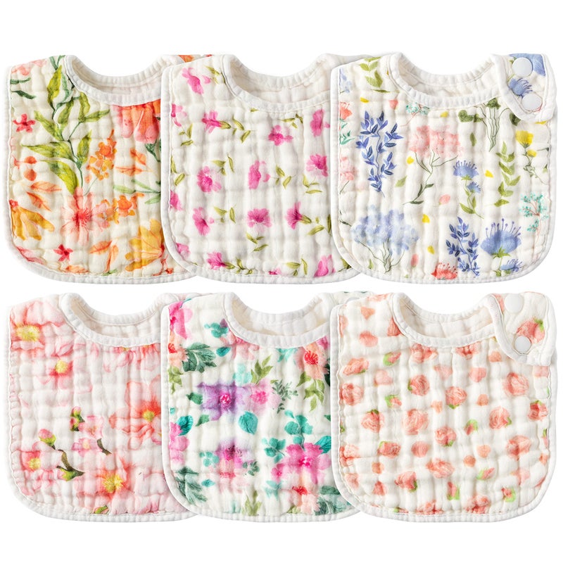 Zainpe 6Pcs Snap Muslin Cotton Baby Bibs Flowers Pattern Infants Feeding Bib Adjustable Machine Washable Girls Burp Cloths Unisex Drool Cloth with 6 Absorbent Soft Layers for Eating and Teething
