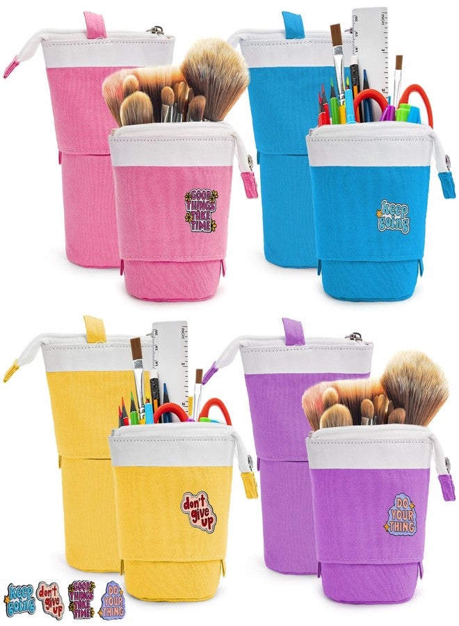 Nagpew 4 Pack Telescopic Pencil Case, Portable Standing Pen Pouch with Pins Zipper, 4 Colors Stand Up Stationary Holder Pop Up Make-up Bag for Pens, Cosmetics, Paintbrushes - Image 1