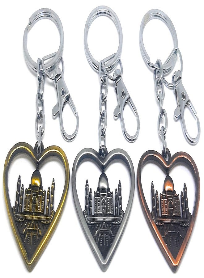 Aura Set Of 3 Heart Shaped Double Sided Metal Souvenir Taj Mahal India Gift Metal Keychain For Men Women Husband Wife Girl Boy Friend Bike Car Home Keychain - Image 1