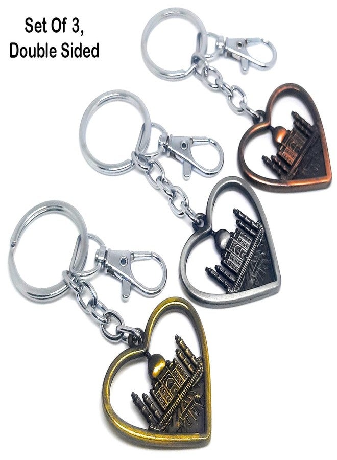 Aura Set Of 3 Heart Shaped Double Sided Metal Souvenir Taj Mahal India Gift Metal Keychain For Men Women Husband Wife Girl Boy Friend Bike Car Home Keychain - Image 2