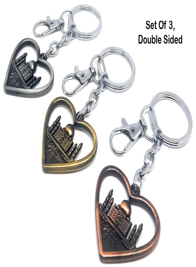 Aura Set Of 3 Heart Shaped Double Sided Metal Souvenir Taj Mahal India Gift Metal Keychain For Men Women Husband Wife Girl Boy Friend Bike Car Home Keychain - Image 3