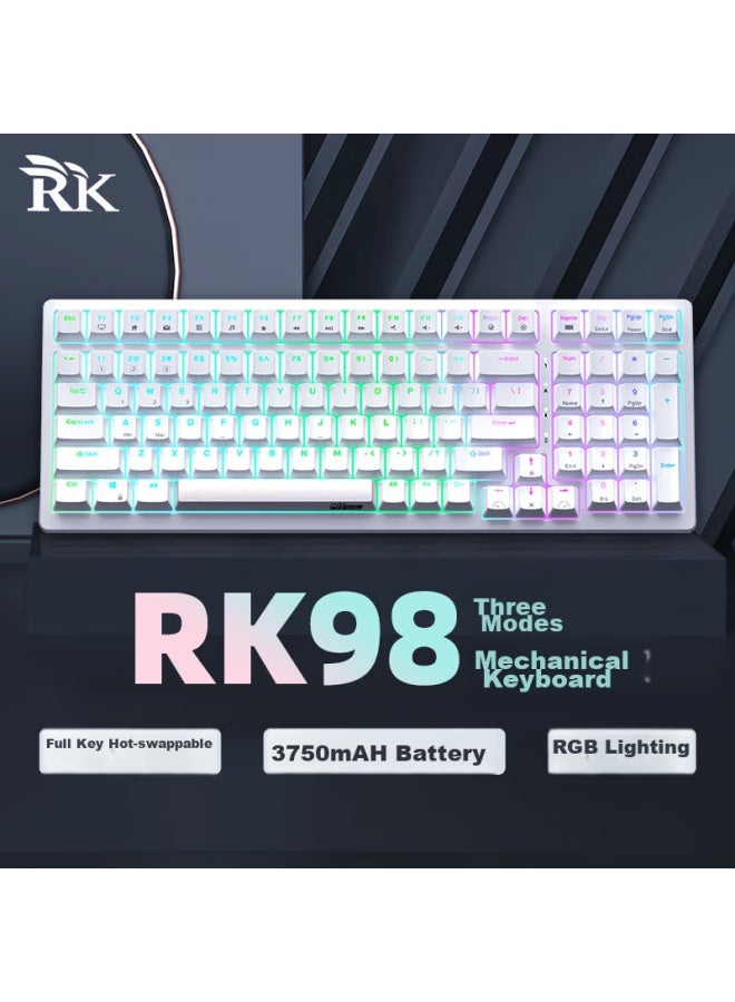 Rk98 Mechanical Keyboard, Wireless 2.4g Wired Bluetooth Tri-mode Keyboard, For Laptop, Home Office, Desktop, Gaming, 100 Keys, 98 Layout, Rgb Backlight, White, Brown Switch - Image 1