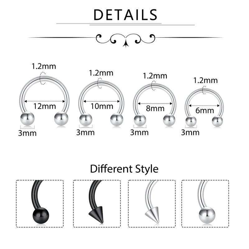 D.Bella 16G Surgical Steel Nose Septum Horseshoe Hoop Earring Eyebrow Tragus Lip Piercing Ring Balls & Spikes 6-12mm - Image 3