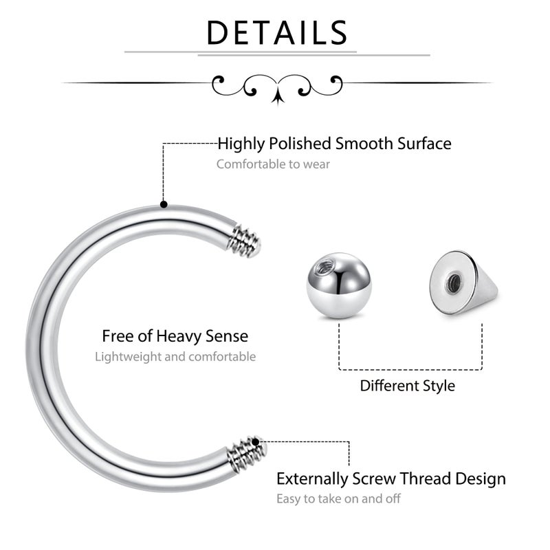 D.Bella 16G Surgical Steel Nose Septum Horseshoe Hoop Earring Eyebrow Tragus Lip Piercing Ring Balls & Spikes 6-12mm - Image 2
