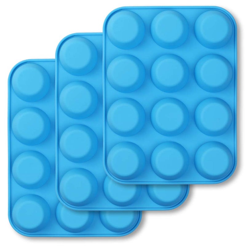 homEdge 12Cup Silicone Muffin Pan Pack of 3 NonStick Muffin Molds Baking Pan for Cupcake Tarts Egg BitesBlue - Image 1
