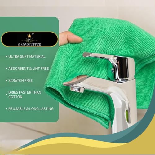 Showstopper Microfiber Cleaning Cloths for Kitchen & Home – Green, Pack of 10, 30x30cm, 250 GSM, Ultra Soft, Streak-Free, Lint-Free, Washable Kitchen Towel, Dusting Cloth and Car Cleaning Cloths - Image 3