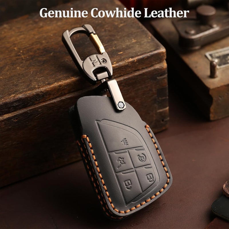 Aoocar Leather Key Fob Cover, Compatible with 2021/2022/2023/2024/2025 GMC Yukon Denali Sierra, For Chevy Silverado Suburban Tahoe Buick etc, Retro Style Design Key Holder Protector(5 Button, Black) - Image 3