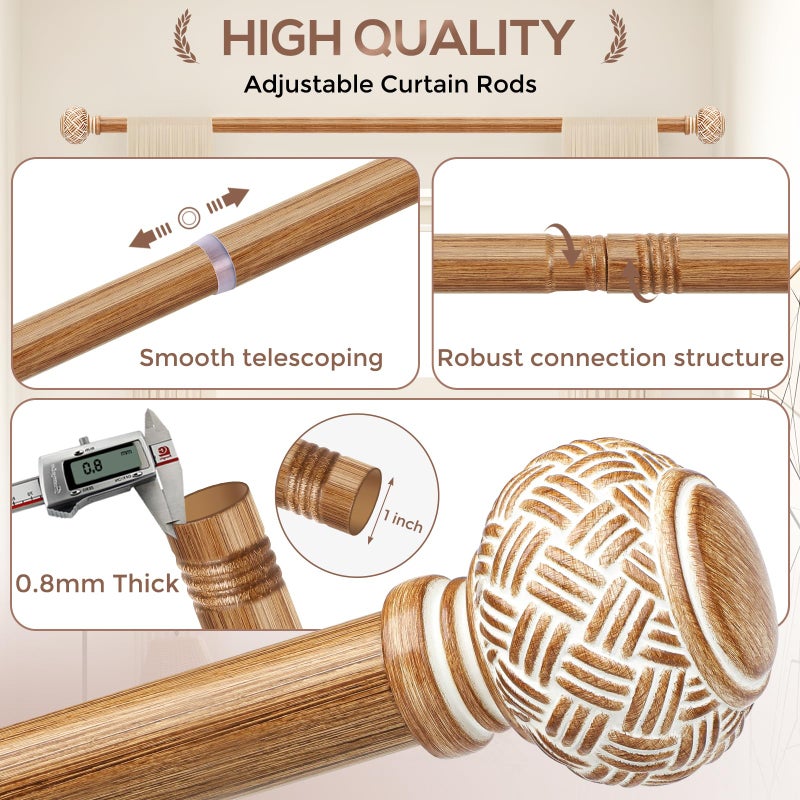 JRZOO Boho Curtain Rods for Windows 48 to 84 Inches, Decorative 1'' Diameter Heavy Duty Adjustable Rustic Farmhouse Drapery Pole with Imitation Wood Grain Finials, Size: 30''-88'' - Image 5