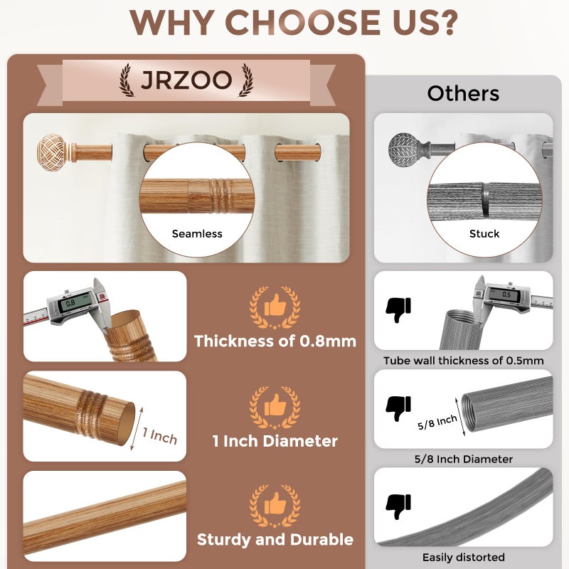 JRZOO Boho Curtain Rods for Windows 48 to 84 Inches, Decorative 1'' Diameter Heavy Duty Adjustable Rustic Farmhouse Drapery Pole with Imitation Wood Grain Finials, Size: 30''-88'' - Image 4