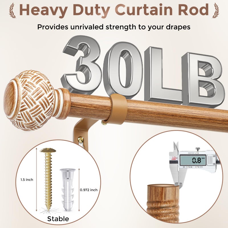 JRZOO Boho Curtain Rods for Windows 48 to 84 Inches, Decorative 1'' Diameter Heavy Duty Adjustable Rustic Farmhouse Drapery Pole with Imitation Wood Grain Finials, Size: 30''-88'' - Image 3