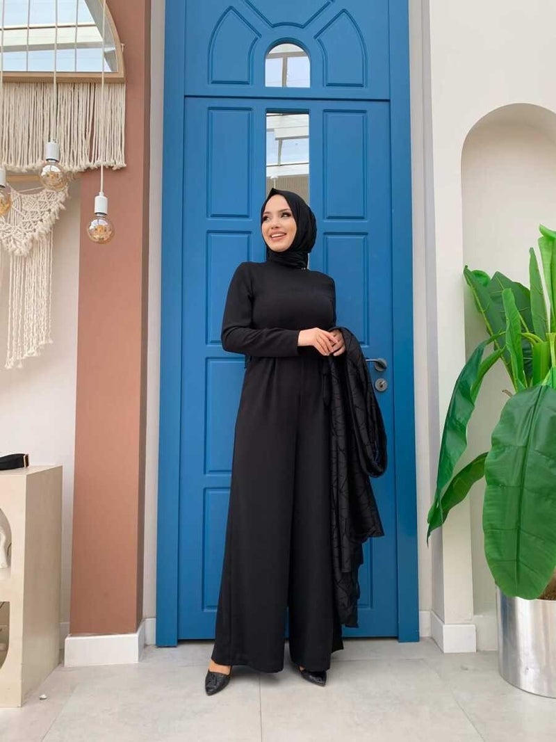 Bym Fashion Bym Lace Abaya Waist Belted Pocket Detailed Jumpsuit Set 3782 Black - Image 1