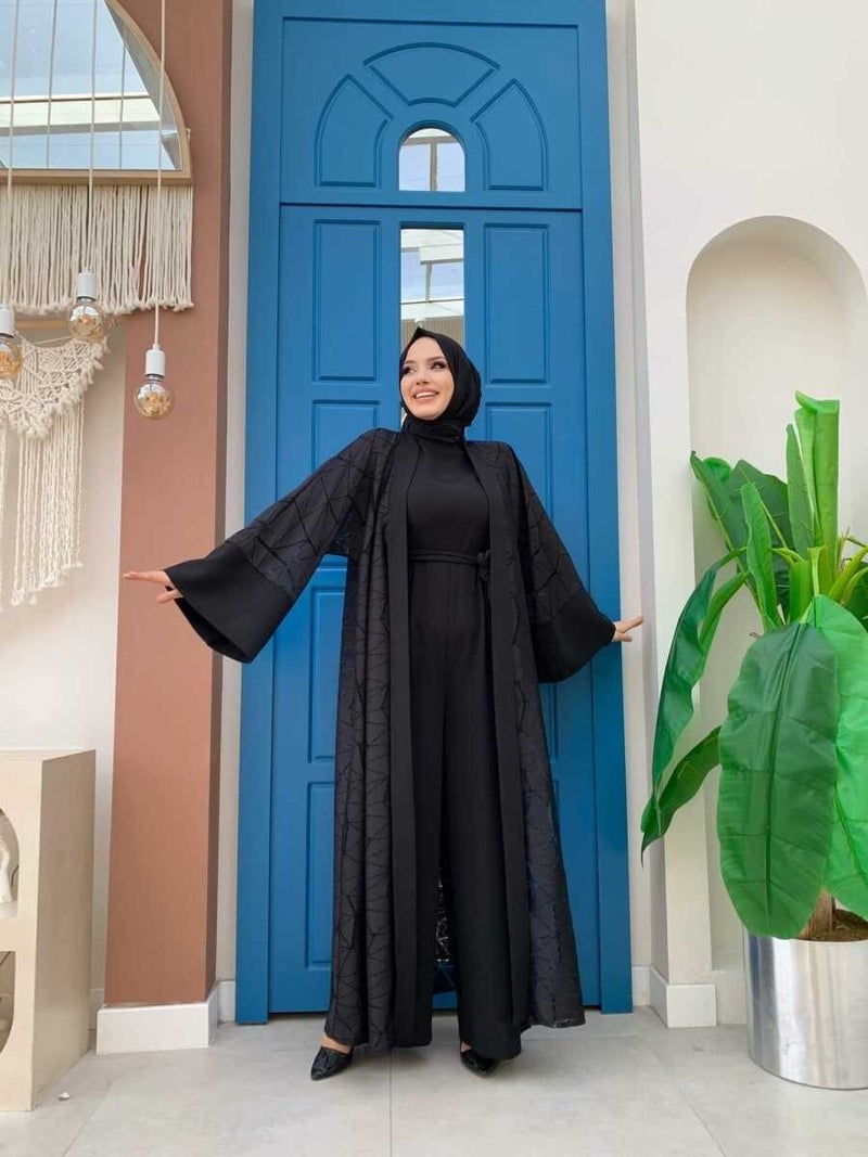 Bym Fashion Bym Lace Abaya Waist Belted Pocket Detailed Jumpsuit Set 3782 Black - Image 2