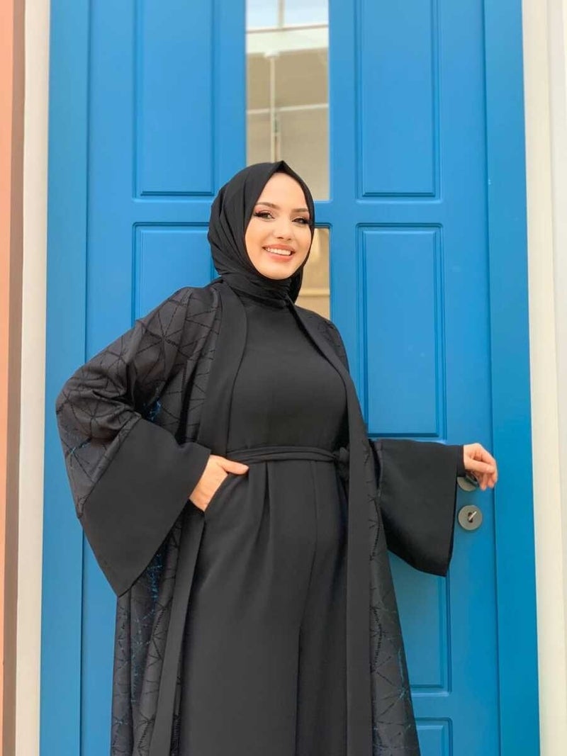 Bym Fashion Bym Lace Abaya Waist Belted Pocket Detailed Jumpsuit Set 3782 Black - Image 4