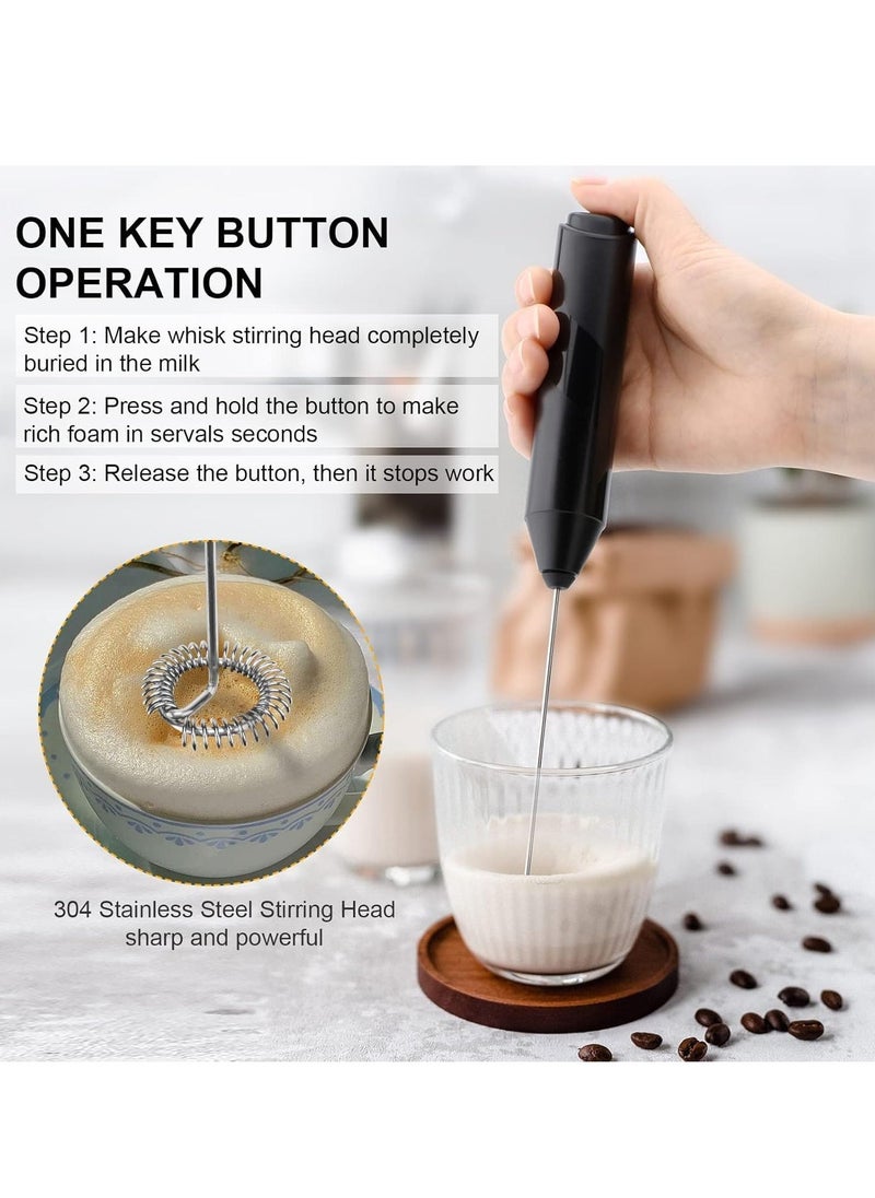 Electric Milk Frother Handheld with Stainless Steel Stand - Battery Powered Foam Maker, Whisk Drink Mixer for Coffee, Frappe, Latte, Matcha, Hot Chocolate - Easy-to-Use, Portable, Quick Frothing, Perfect for Home and Office (Black)