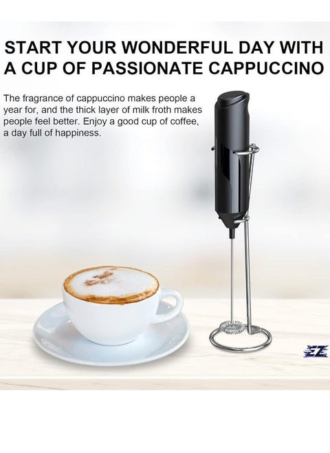 Electric Milk Frother Handheld with Stainless Steel Stand - Battery Powered Foam Maker, Whisk Drink Mixer for Coffee, Frappe, Latte, Matcha, Hot Chocolate - Easy-to-Use, Portable, Quick Frothing, Perfect for Home and Office (Black)