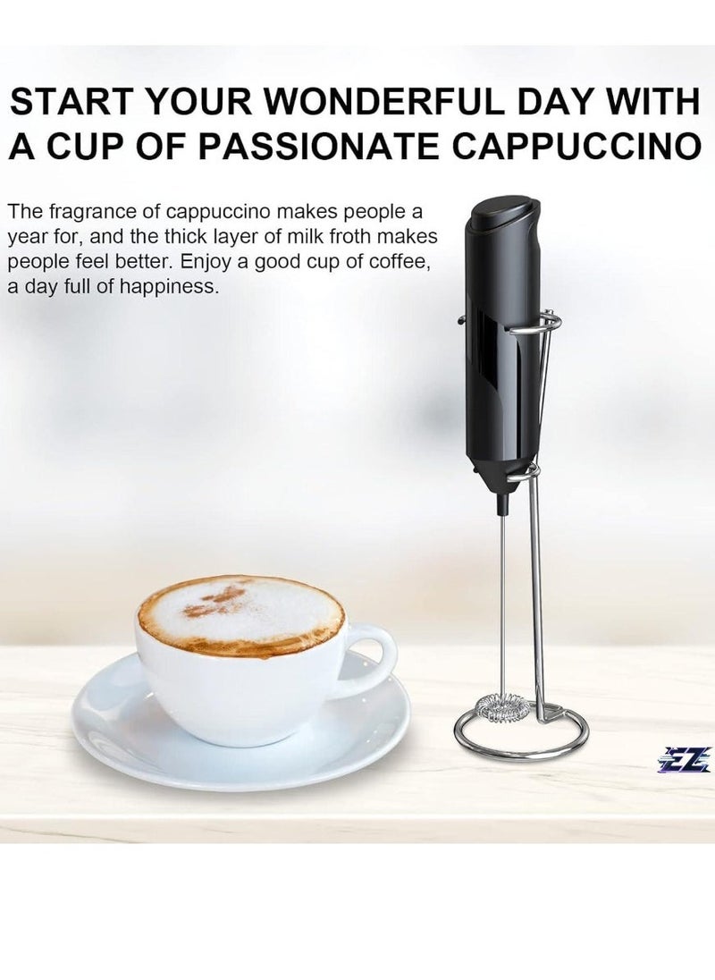 Electric Milk Frother Handheld with Stainless Steel Stand - Battery Powered Foam Maker, Whisk Drink Mixer for Coffee, Frappe, Latte, Matcha, Hot Chocolate - Easy-to-Use, Portable, Quick Frothing, Perfect for Home and Office (Black)