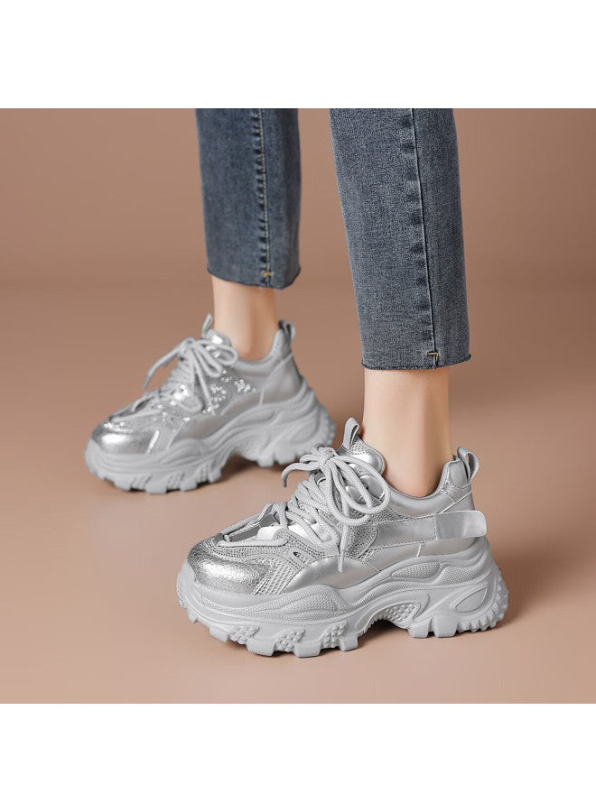 Boerdiqi Spring Autumn Vintage Dad Shoes Thick Sole Height Increasing Comfortable Versatile Casual Outdoor Sports Shoes Silver - Image 2