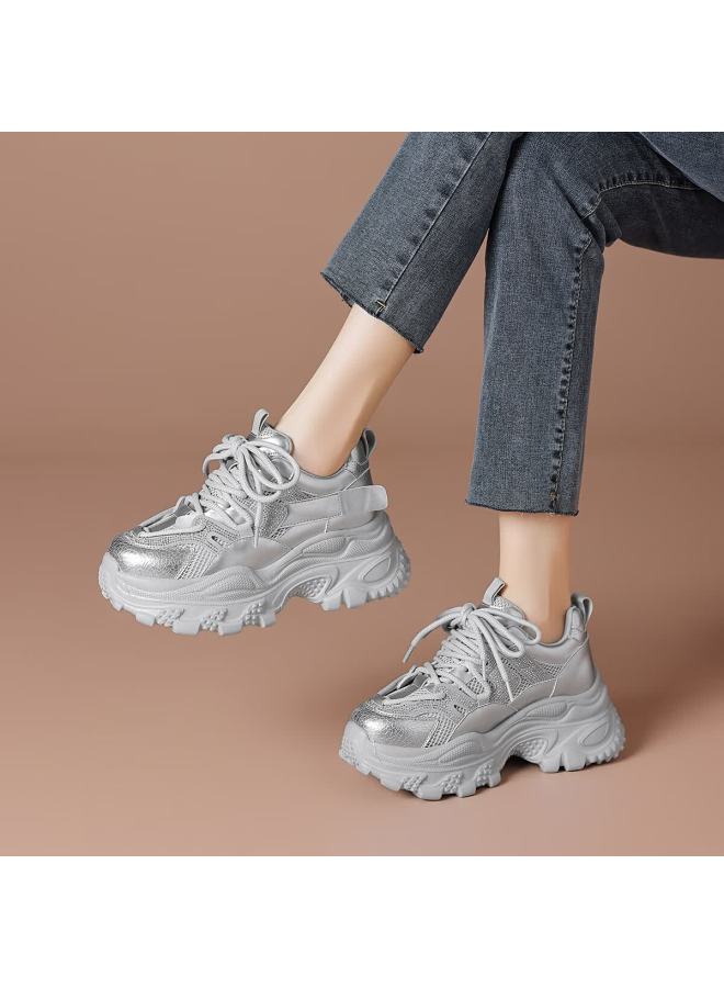 Boerdiqi Spring Autumn Vintage Dad Shoes Thick Sole Height Increasing Comfortable Versatile Casual Outdoor Sports Shoes Silver - Image 1