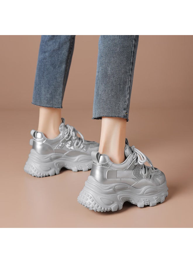 Boerdiqi Spring Autumn Vintage Dad Shoes Thick Sole Height Increasing Comfortable Versatile Casual Outdoor Sports Shoes Silver - Image 4