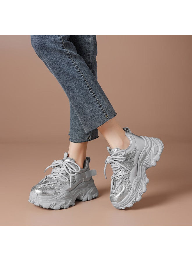 Boerdiqi Spring Autumn Vintage Dad Shoes Thick Sole Height Increasing Comfortable Versatile Casual Outdoor Sports Shoes Silver - Image 3