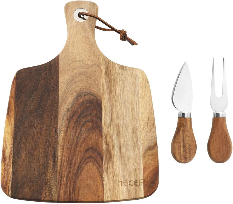 hecef Cheese Board set of 3,a Acacia Wood Cheese Plate, a Knife, a Fork, Charcuterie Board Platter Slate Serving Set(Cheese board with 2 knives) - Image 1