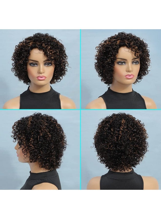 UDU Ombre Curly Wig Human Hair Wigs For Black Women Glueless Wigs Human Hair Short Curly Wigs For Black Women Wigs Human Hair Highlighted Piano Color Side Part Short Curly Wigs For Older Women (P1B/30) - Image 3