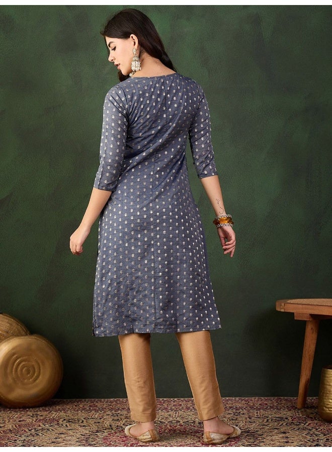 AKS Grey Chanderi Jacquard Booti Kurta With Neck Details - Image 5