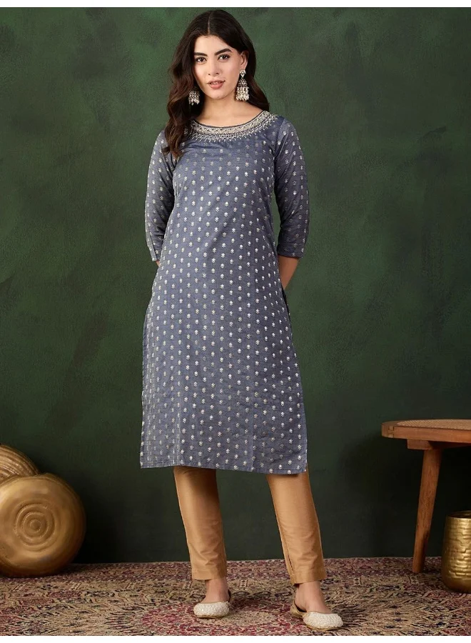 أيه كيه إس Grey Chanderi Jacquard Booti Kurta With Neck Details