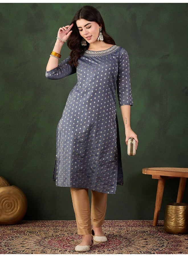 AKS Grey Chanderi Jacquard Booti Kurta With Neck Details - Image 4