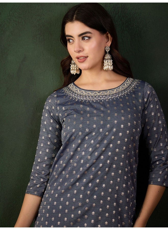 AKS Grey Chanderi Jacquard Booti Kurta With Neck Details - Image 2