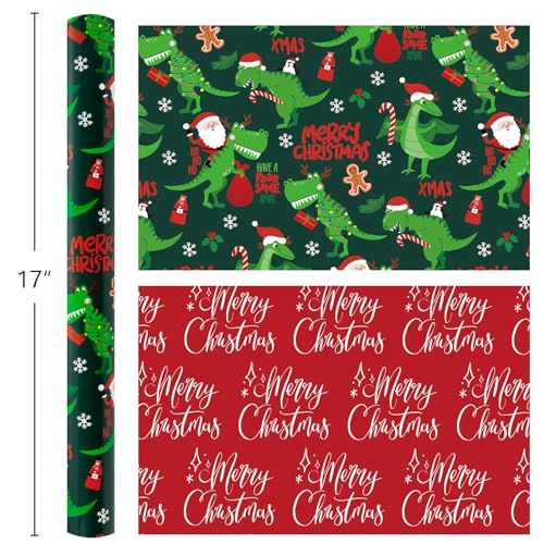 Yarcony Dinosaur Christmas Wrapping Paper, Green Wrapping Paper Roll, Reversible Happy Dinosaur and Santa Claus Dino Christmas Gift Wrap for Kids Boys Men Holiday Present Packaging (17 Inch X 33 Feet) - Image 3